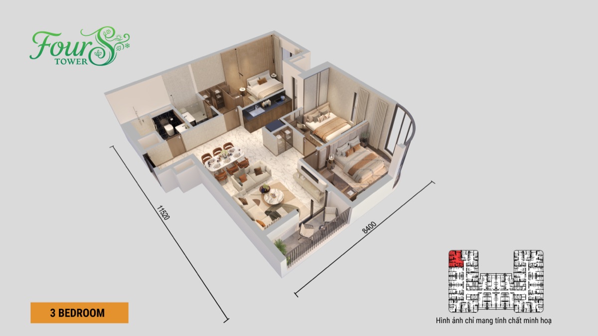 Phối cảnh 3D căn 3 phòng ngủ