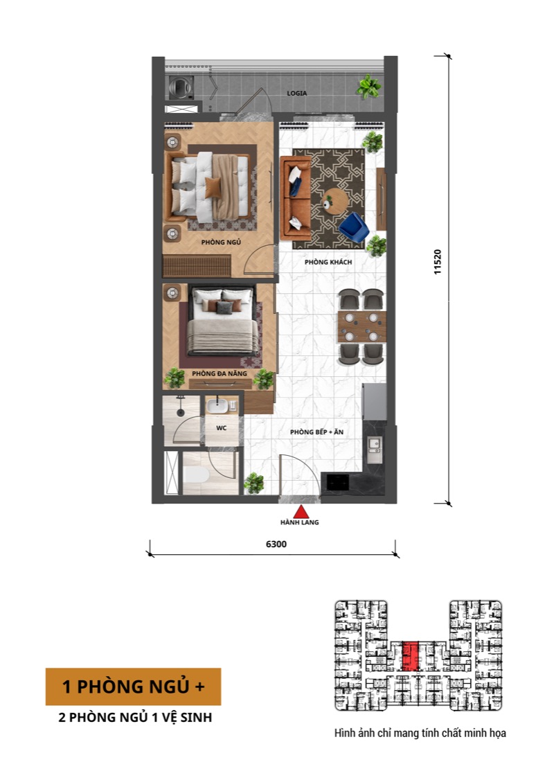 Mặt bằng căn 1PN+ dạng 2 phòng ngủ 1 vệ sinh